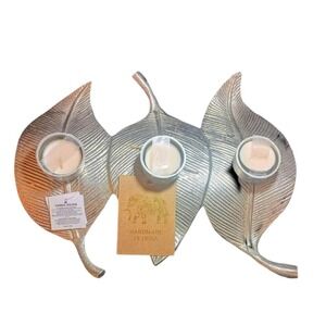 Silver Triple Leaf Tea Light Holder NWT‎ handmade in India SKUH094